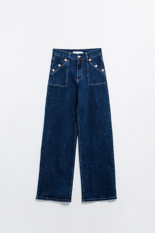 High-Waisted Wide Leg Jeans with Button Detail