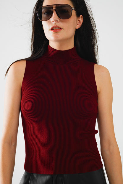 Sleek Burgundy Ribbed Turtleneck Sleeveless Top