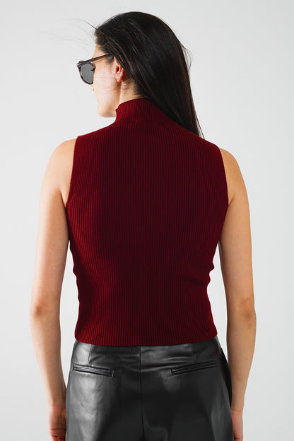 Sleek Burgundy Ribbed Turtleneck Sleeveless Top