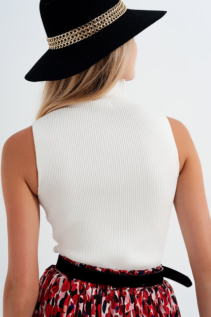 Sleek White Ribbed Turtleneck Sleeveless Top