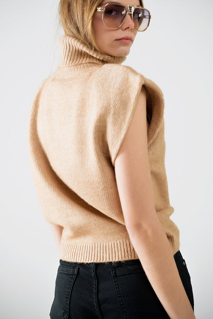 Camel Turtleneck Sleeveless Sweater